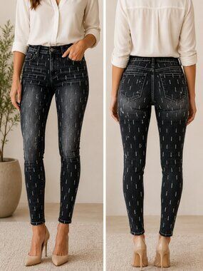 Driftwood Size 26 Black Stretch Skinny Jeans Embroidered Dash Print Denim